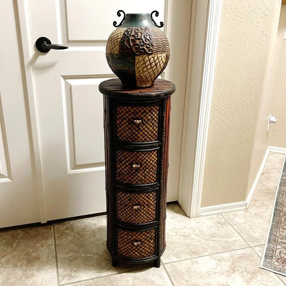 Pier 1 Vase Tan Turquoise Blue Multi Color Texture Pattern Ceramic Metal Unique!